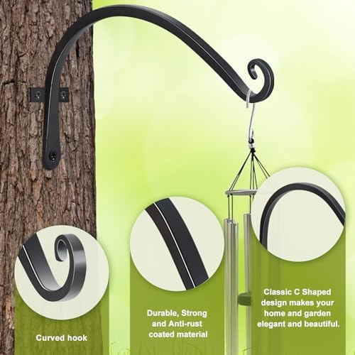 FEED GARDEN Heavy Duty Plant Hooks - 2 Pack 12 Inch Wall Mounted Hanging Brackets, 57lb Capacity Steel Plant Hangers for Bird Feeders, Baskets, Wind Chimes Outdoor Indoor- Black