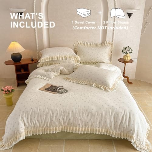 Ivory Duvet Cover Set Muslin Cotton Queen(90"x90"),Multicolor Flower