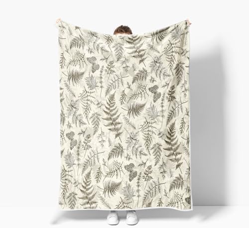 JAWO Floral Throw Blanket, Beige White Flower Throws Wildflowers Botanical Plant Printed All Seasons, Vintage Tan Butterfly Flannel Blanket for Bedding Sofa Travel Couch Chair Sofa Home Decor,50x60