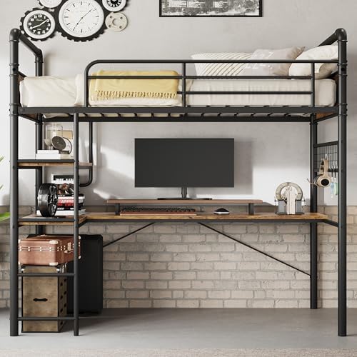 GarveeHome Loft Bunk Bed with L-Shaped Desk, Industrial Twin Loft Bed,Brown