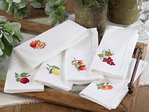 Handmade Pomegranate and Leaves Embroidery Napkin with Hemstitched Border (Set of 6)
