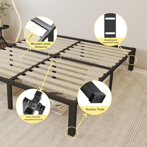 14 Inch Queen Size Bed Frame with Wood Slats & 4 Mattress Baffles