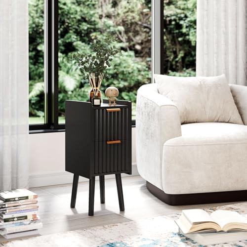 IBUYKE Narrow Nightstand,Slim Bedside Table with 2 Drawer,Black UWNS015B