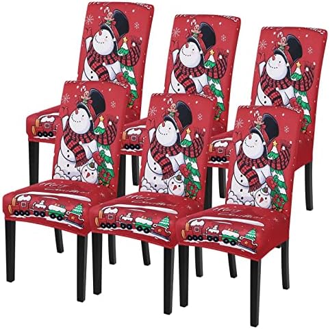 SearchI Christmas Chair Covers Set of 6, Stretch Xmas Kitchen Chair Cover Removable Washable Holiday Parsons Chair Slipcovers for Dining Room, Christmas Decoration, Ceremony(Christmas-Snowman)