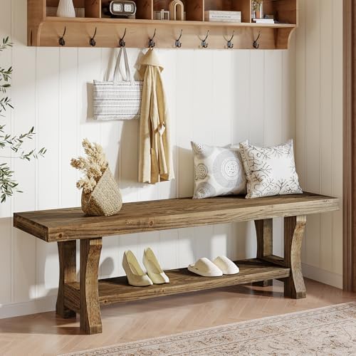 Solid Wood Storage Bench, Farmhouse Entryway Bench, Long Indoor Dining Seat for Hallway, Bedroom, Living Room, Dining Room, Easy Assembly, Dark Brown
