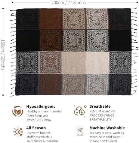 Boho Throw Blanket, Chenille Jacquard Tassels Throw Blankets for Bed Couch Soft Chair， Bohemian Fringe Tassels (Black, S:60x75)