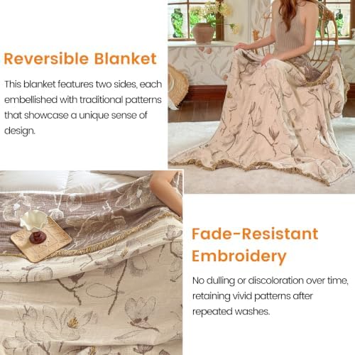 FALUCA Muslin Cotton Throw Blanket Boho Floral Jacquard with Fringe, 50 * 60 Magnolia Pattern, Reversible Soft Breathable Cover for Couch Sofa Bedroom Vintage Farmhouse Home Decorative, Beige&Brown