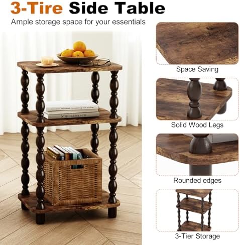 Retro End Table, 3-Tier Small Side Table, Narrow Couch Side Table for Small Spaces, Farmhouse End Table, Modern Accent Table, Skinny Bedside Table Nightstand for Bedroom, Living Room (Rustic Brown)