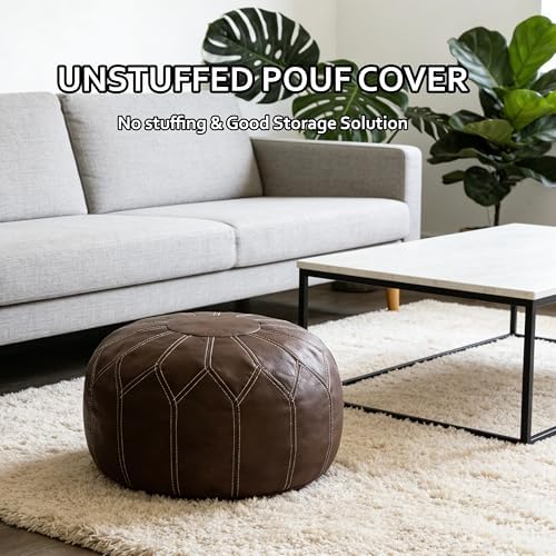 Thgonwid Round Unstuffed Pouf Cover, Faux Leather Storage Ottoman, Boho Moroccan Foot Stool, Multi-Purpose Home Decor for Living Room, Bedroom and Balcony, Deep Coffee, No Filling Included