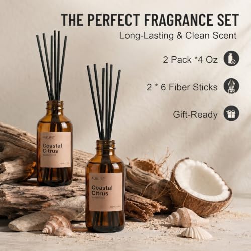 Auelife Reed Diffuser for Home, Coastal Citrus Scent Diffuser 2 Pack 8Fl Oz