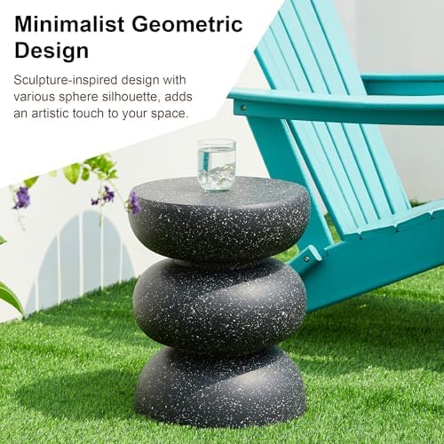 Glitzhome Outdoor Side Table, 18" H Decorative Garden Stool MGO Faux Terrazzo End Table, Heavy Duty Indoor Outdoor Round Planter Stand for Living Room Bedroom Patio Deck Poolside,Black