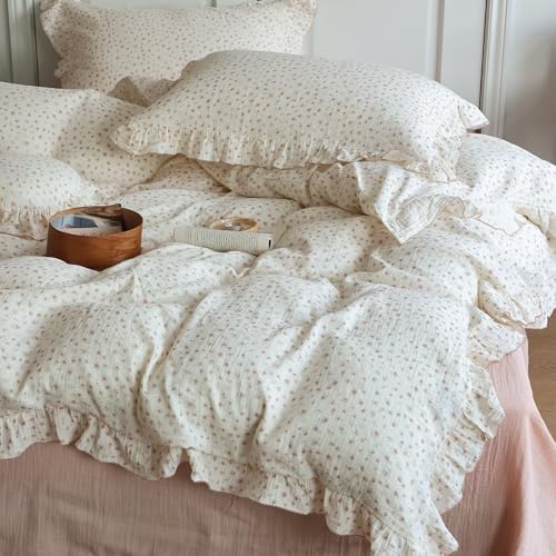 BuLuTu Girls Duvet Cover Twin Kids Comforter Cover Pink Floral Print Quilt Cover Ruffled Bedding Decor, Pure Cotton Gauze Duvet Cover for All Seasons, Soft Lightweight Breathable, Machine Washable