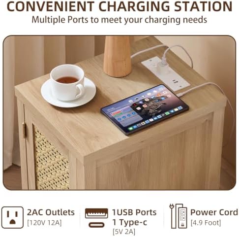 YUFAM Rattan Nightstand with Charging Station, Natural
