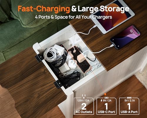 End Table with Charging Station, Side Table with Storage&Deep Drawer, White