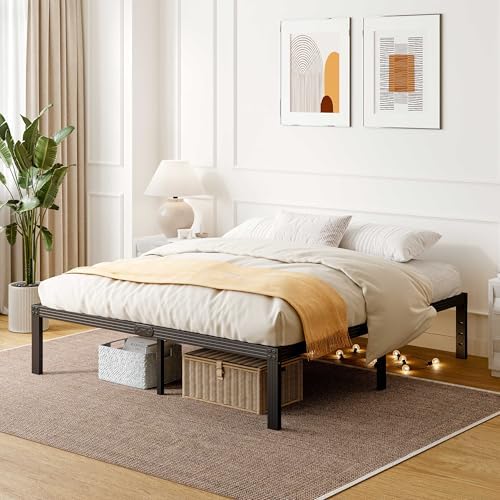Queen Size Bed Frame, 18 Inches Platform Bed Frame, 1000lbs Heavy Duty Steel Slat, Non-Slip Design, No Box Spring Needed, Easy Assembly, Quiet Noise Free, Under Bed Storage Space, Black