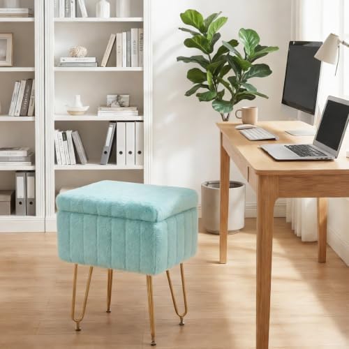 DUMOS Vanity Stool Chair, Ottoman with Storage, Makeup Cute Soft Small Footstool, Modern Style Faux Fur Seat with 4 Metal Legs & Adjustable Feet for Dressing, Living Room, Bedroom, Dorm, Sage