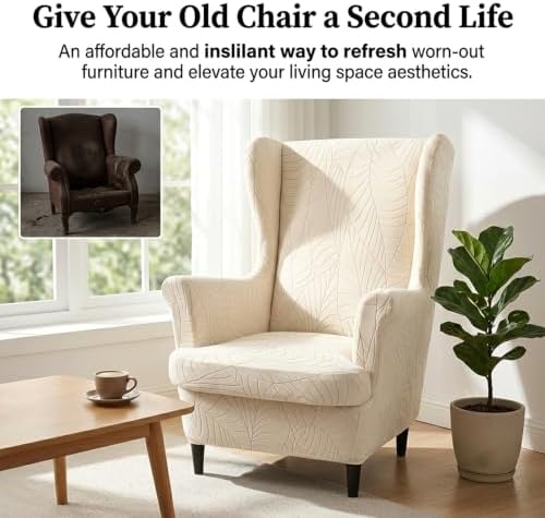 2 Piece Wingback Chair Cover Stretch Jacquard Wing Back Chair Slipcover with Armrest Washable Furniture Protector for Armchair Living Room Bedroom