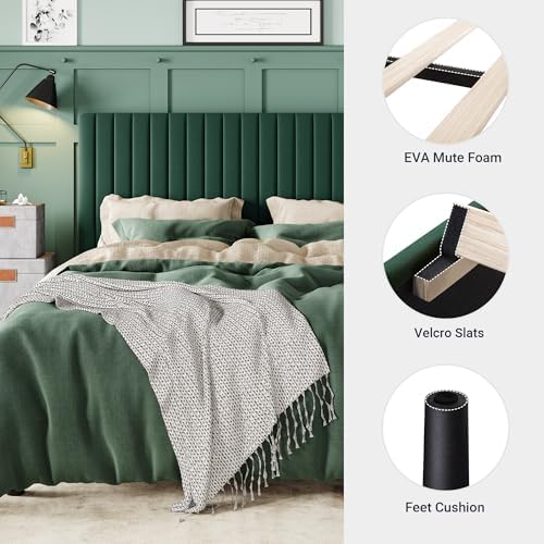 Allewie Full Bed Frame, Velvet Upholstered Platform Bed with Adjustable Vertical Channel Tufted Headboard, Mattress Foundation with Strong Wooden Slats, Box Spring Optional, Easy Assembly, Green