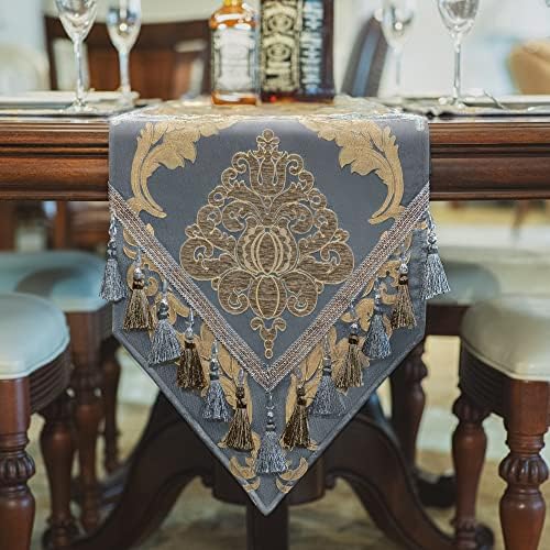 Loom and Mill Luxury Damask Table Runner 108 Inches Long, Grey Blue