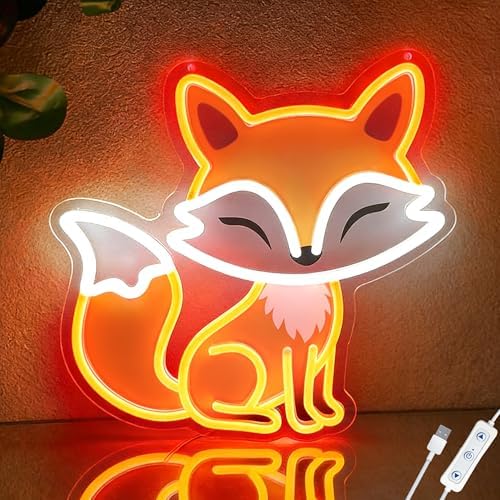 Fox Neon Sign, Dimmable LED Night Light for Bedroom Wall Decor, Cute Fox Room Decor Gift for Kids Teens and Fox Lovers