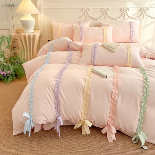 Colorful Striped Ruffled Bedding with Cute Bow,Chic Ruffle Romantic Queen Duvet, Coquette Aesthetic Style 3 piece Duvet Cover Set-1Queen Duvet Cover with 2 Pillowcases, No Comforter