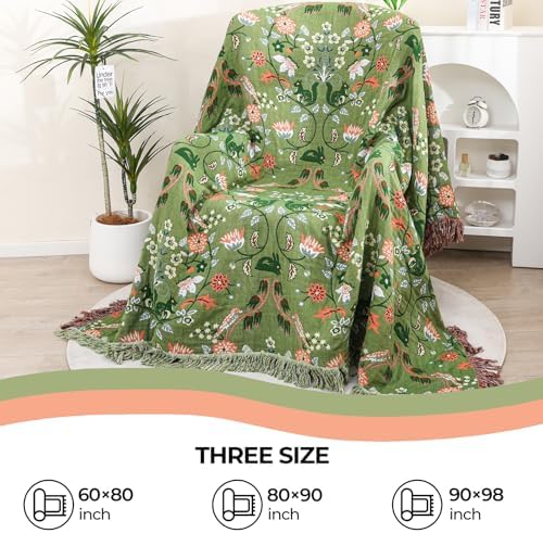 100% Cotton Light Green Boho Throw Blanket for Bed Gift 60"x80"