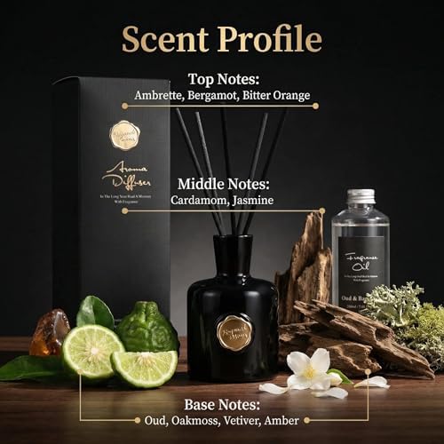 Oud & Bergamot Reed Diffuser, Long Lasting Essential Oil Fragrance