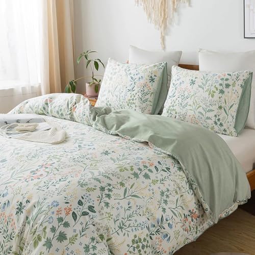 Botanical Duvet Cover Set 100% Cotton Queen(90"x90"),White/Sage Green