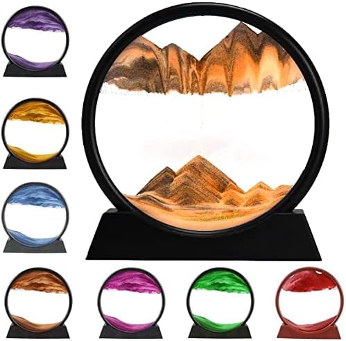 rysnwsu 3D Dynamic Sand Art Liquid Motion, Moving Sand Art Picture Round Glass 3D Deep Sea Sandscape in Motion Display Flowing Sand Painting Relaxing Desk Toys (Yellow, 7'')
