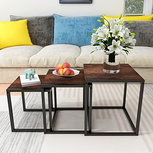 Nesting Coffee Table Set of 3, Stacking Metal Side Tables, Brown