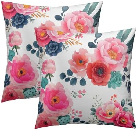 Watercolor Peony Throw Pillow Covers 22x22 Inch Set of 2 Pink Floral Girly Green Leaves Decorative Pillow Case Spring Summer Flower Square Cotton Cushion Cover for Home Couch Bed