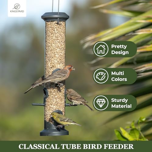 Kingsyard 4 Pack Tube Feeders with 6 Feeding Ports for Outdoors Hanging, Premium Hard Plastic Weatherproof & Steel Hanger, Attracting for Wild Birds (Black)