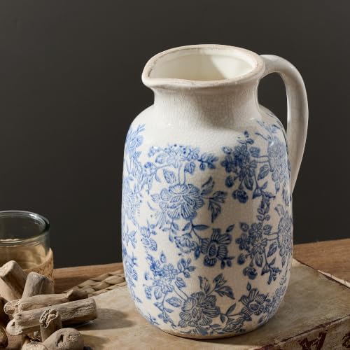 Ceramic Vintage Vase Flower Decorative Vase Chinoiserie Decor Rustic Farmhouse Retro Floral Vases for Table Bookshelf Mantel Kitchen Living Room Office - 9.5" Blue