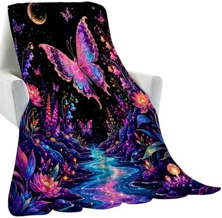 Fantasy Butterfly Blanket,Starry Lotus Garden Flannel Throw Blankets Gifts for Magical Art Lovers,Soft Lightweight Decorative Cover for Couch Sofa Bedroom Travel,Home Accent,60×80 Inch