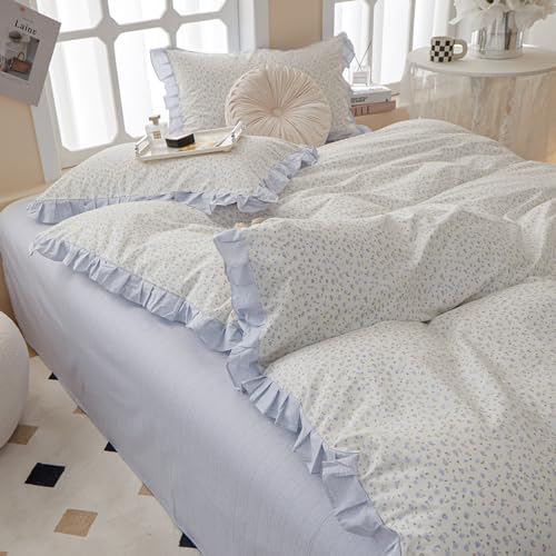Blue Floral Ruffle Duvet Cover Twin XL White Soft Cotton Lace Duvet Cover Girls Botanical Flower Comforter Cover Romantic Princess Bedding Set Vintage Floral Lace Comforter Cover with Zipper Closure