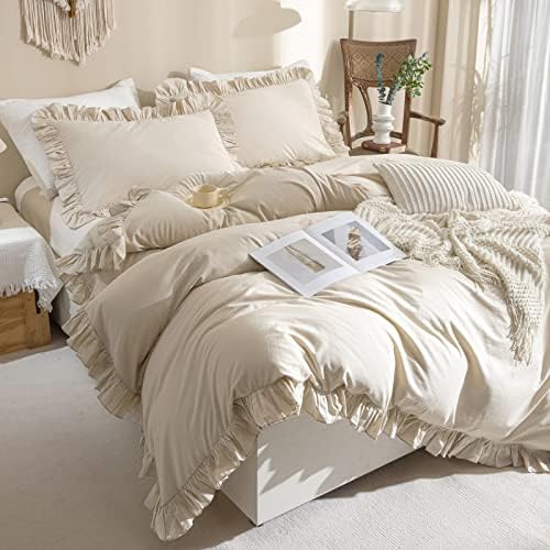 Washed Cotton Queen Duvet Cover Set Ruffle Duvet Cover Linen Textured Farmhouse Shabby Vintage Chic Bedding Comforter Cover 3 Pieces Aesthetic French Country Queen Bed Set