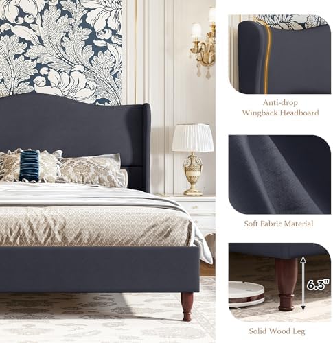 koorlian King Size Upholstered Bed Frame with 51'' Tall Headboard Dark Navy