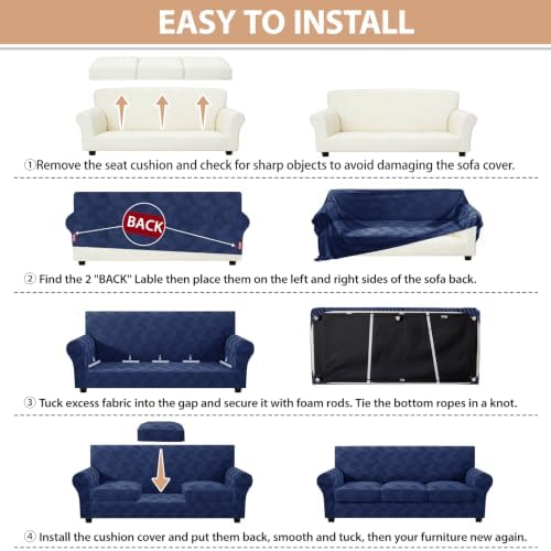 ZNSAYOTX 4 Piece Stretch Couch Covers (72"-90") New-Rectangle Texture, Thick Sofa Covers for 3 Cushion Couch Universal Sofa Slip Cover with Elastic Bottom & Buckle, Washable Protector Navy Blue