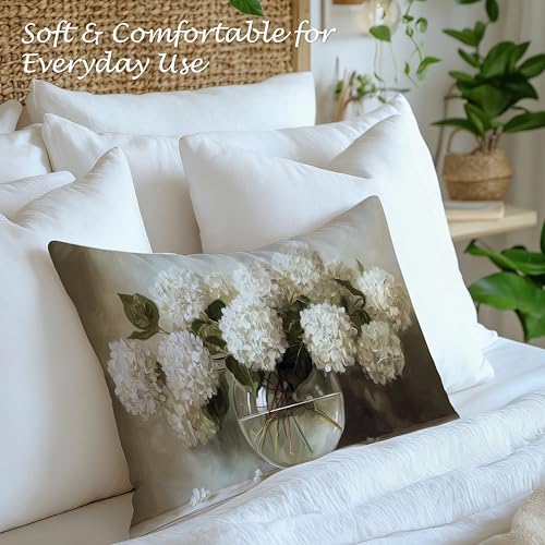 Vintage White Hydrangea Floral Pillow Cover 12x20, Country Farmhouse Neutral Floral Still Life Decorative Lumbar Pillow Cover for Couch Bed Living Room Bedroom