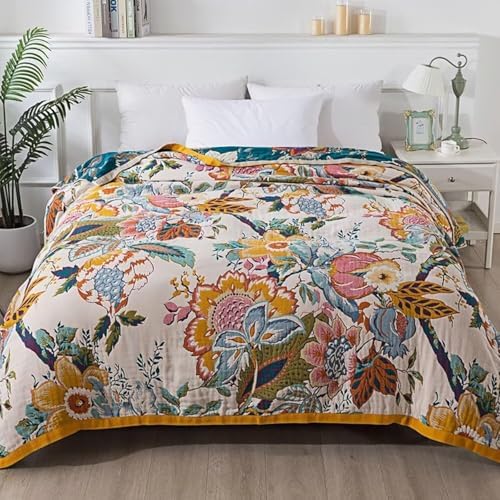 Boho Throw Blanket for Bed 100% Cotton Bohemian Blankets Ultra Soft Woven Muslin Decorative Blankets All Seasons Vintage Quilt Knitted Blanket for Sofa Chair(Beige, 80"x90")