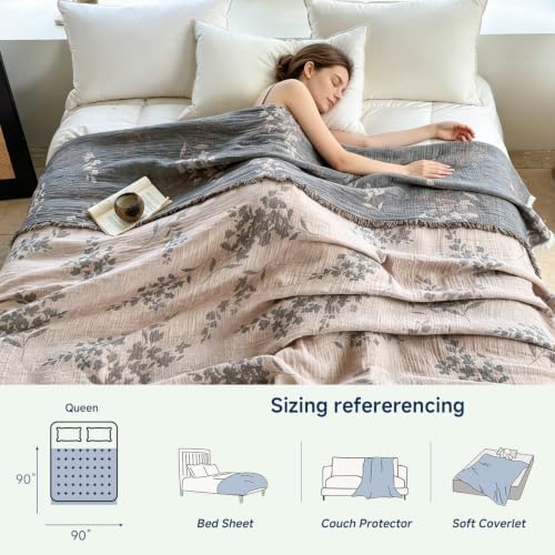 Simple&Opulence Cotton Muslin Blanket Queen 90"x90", Reversible Yarn-Dyed Vintage Brick Beige Botanical Jacquard, 3-Layer Gauze with Tassels, Lightweight Breathable All-Season Bedspread for Bed Couch