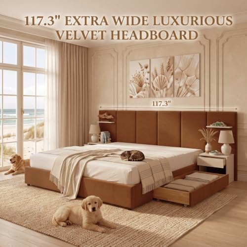 King Size Bed Frame with Storage & Built-in Nightstands & Drawers, Ocher