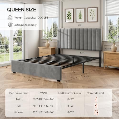 Welzona Queen Size Velvet Upholstered Bed Frame with Tufted Headboard, Grey