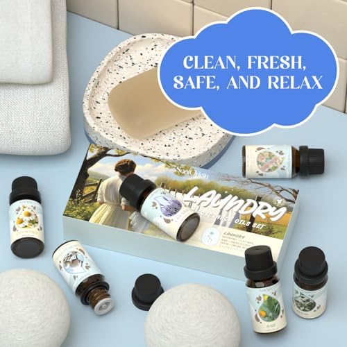 Soulorigin Laundry Fragrance Oils Set, Essential Oil Gift Set for Diffuser, Clean Scent Diffuser Oil, Use with Wool Dryer Balls or Diffuser,Chamomile, Fresh Cotton, Sage, Cedar, Lavender, Cherry Soap