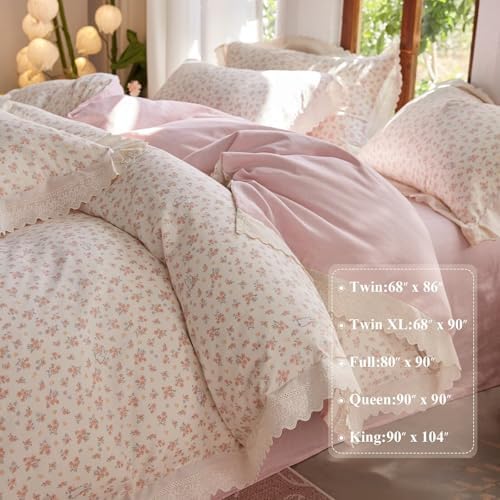 Pink Floral Muslin Duvet Cover Set 3 Pcs,68"×86" Twin Bedding