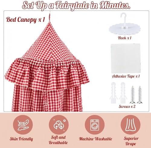 SmoothNovelty Gingham Plaid Bed Canopy, Red White, Round