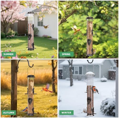 MIXXIDEA 1PK Metal Bird Feeders with 6 Feeding Ports,Tube Bird Feeder with Steel Hanger,Hard Plastic Wild Bird Feeder for Outdoors Hanging, Attracting Birds in Your Lawn, Garden, Balcony–Coffee