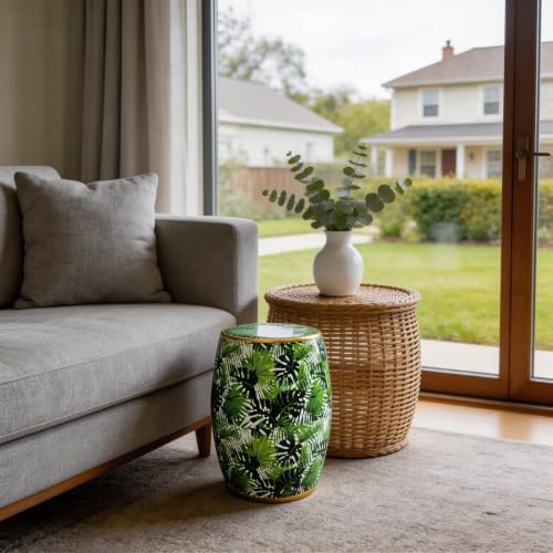 Floral Bird Ceramic Garden Stool, Tropical Rainforest，Green Accent Stool