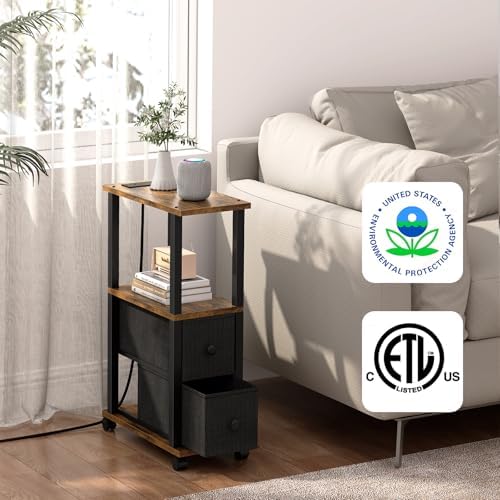 TUTOTAK Small Narrow End Tables, Side Tables with 2 Fabric Drawers, Set of 2, Bedside Tables with Charging Station for Small Spaces, Slim Nightstands with USB Ports and Wheels, TB01BB053