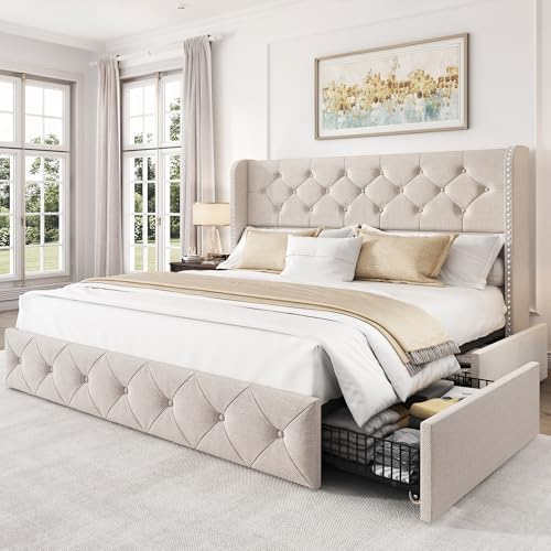 LARMACE Queen Size Bed Frame with 4 Storage Drawers and 47.2" Tall Tufted Headboard Linen Upholstered Platform Bed Frame Wingback Beds with Wooden Slats Support, Easy Assembly, Beige